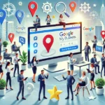 Imagem quadrada de um desenho feito por inteligência artificial com várias pessoas em torno de uma tela de computador escrito Google Meu Negócio, indicando a especialidade do negócio de SEO